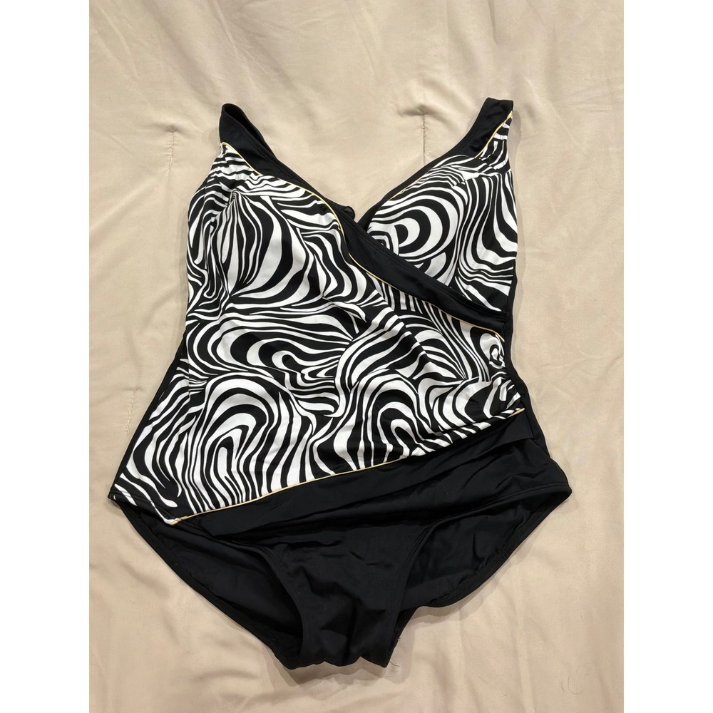 Longitude Womens 1Piece Swimsuit Black White Swirl Wrap Tummy Control Gold Trim